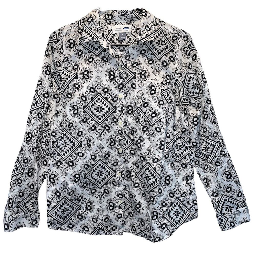 Old Navy Lightweight Black and White Geometric Oxford Shirt Medium